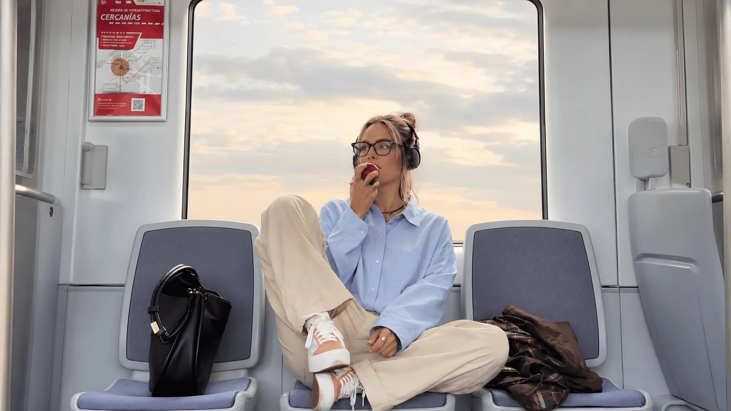 A traveler on a commuter train at sunset