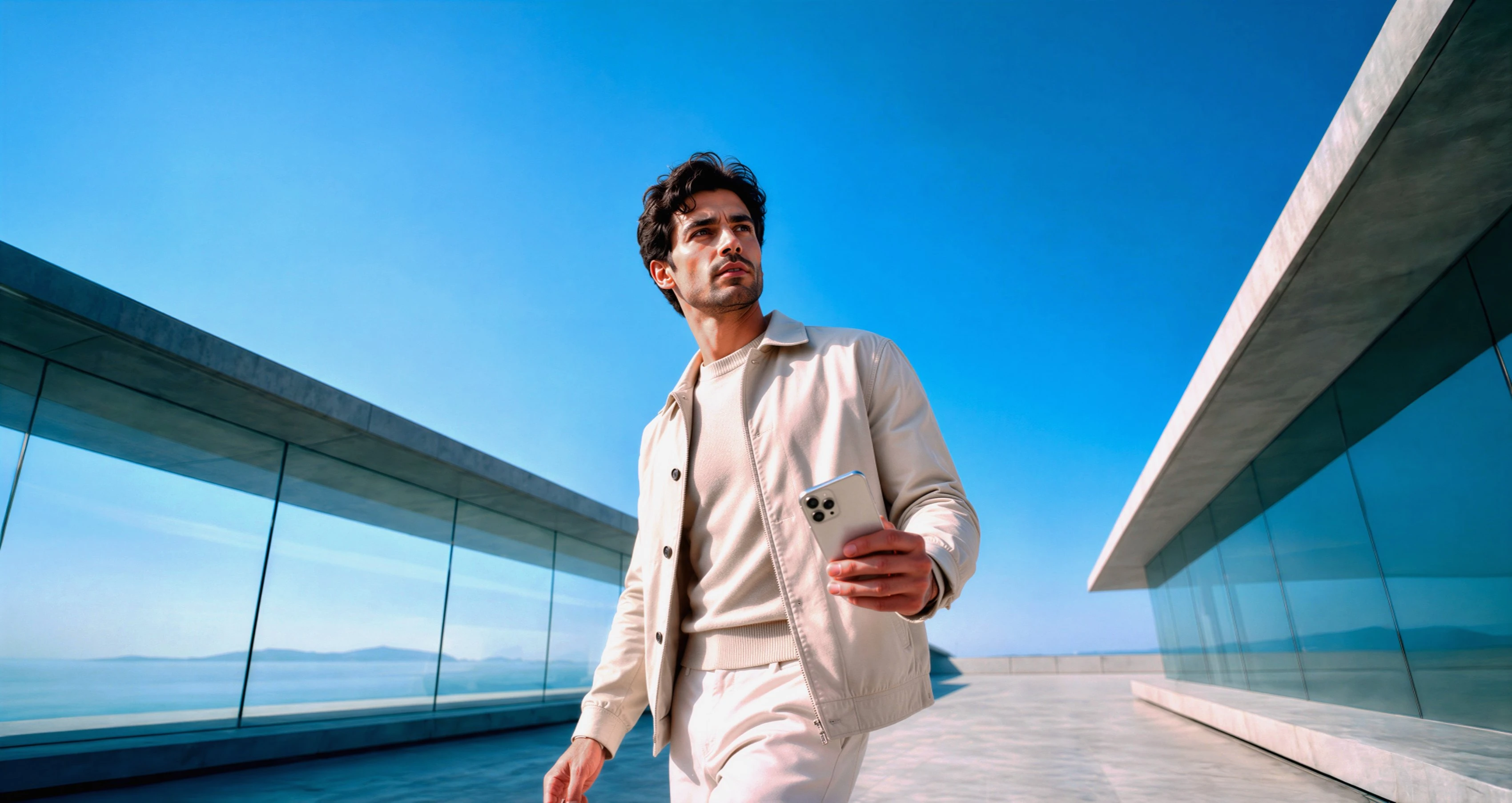 A man walking along a sunlit concrete-and-glass terrace above the sea, holding his phone