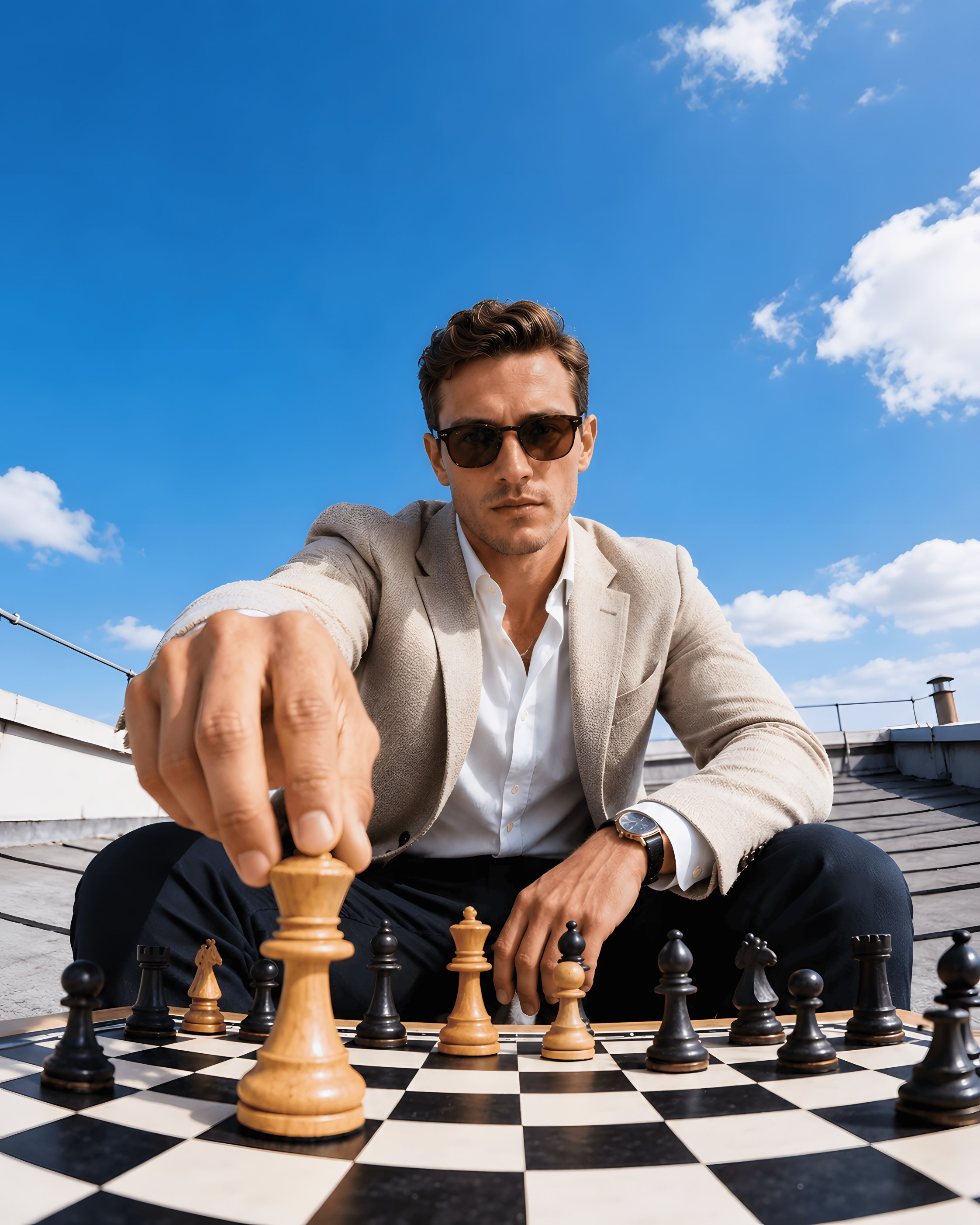 A merchant making a considered move on a rooftop chessboard