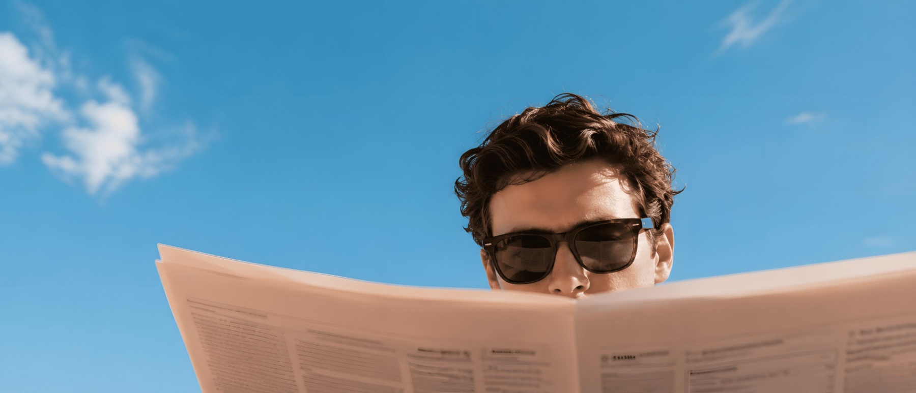 A merchant reading a newspaper against a clear blue sky