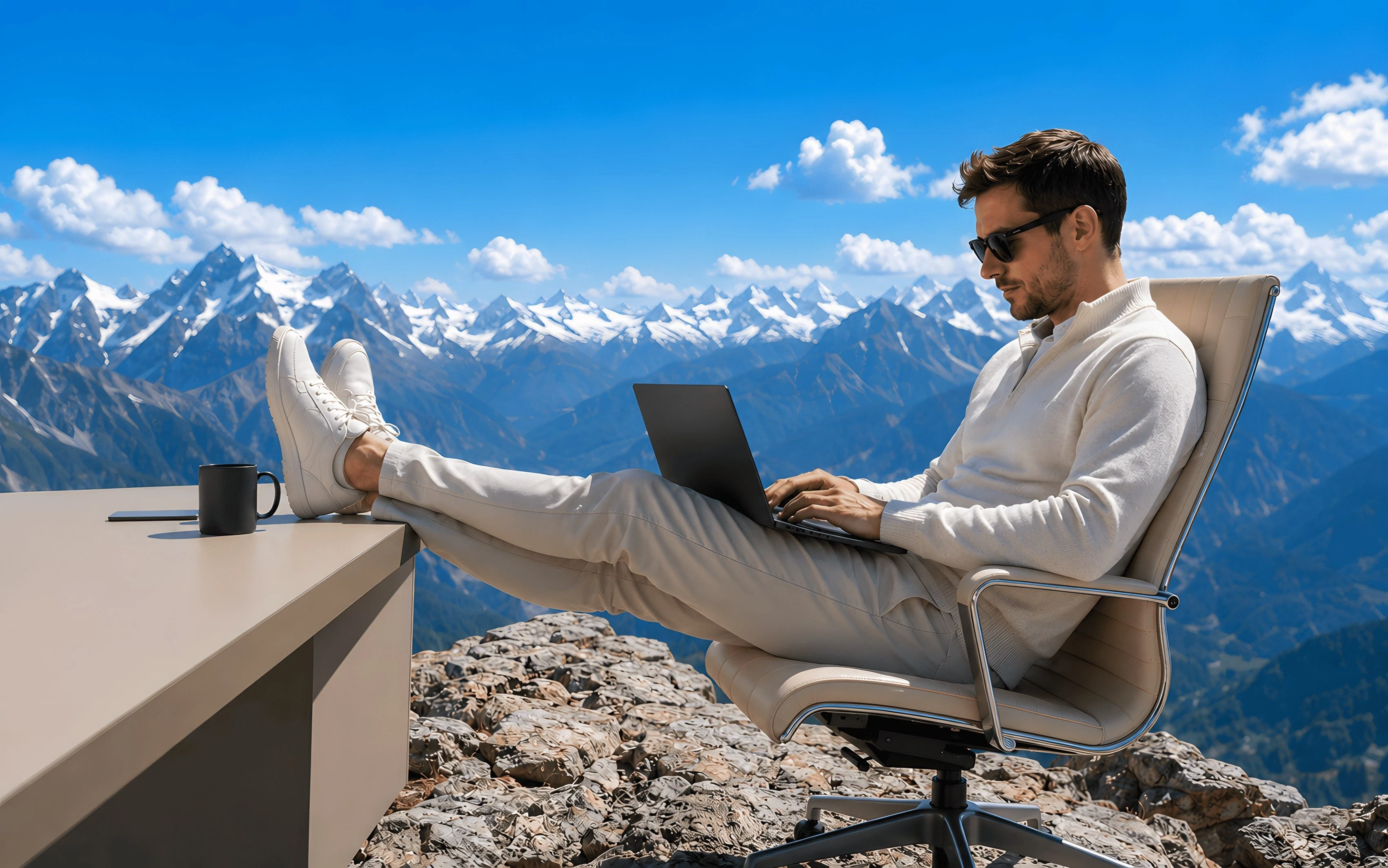 A business owner working on a laptop at a desk on a mountain ridge